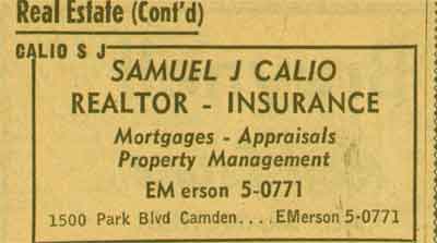 Samuel J. Calio, 1500 Park Boulevard, 1955 New Jersey Bell Telephone Yellow Pages