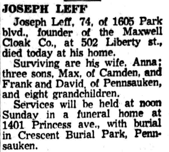 Joseph Leff obituary, 1605 Park Boulevard, 1958