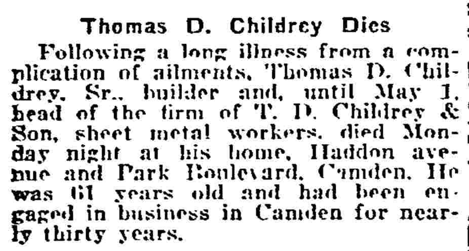 Thomas D. Childrey obituary, 1251 Park Boulevard, 1919