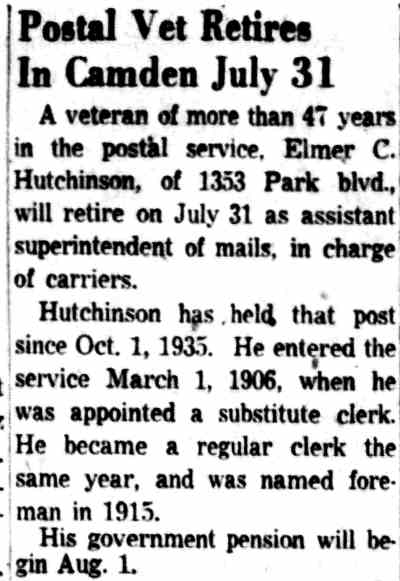 Elmer C. Hutchinson, 1353 Park Boulevard, Camden Courier-Post, July 21, 1953