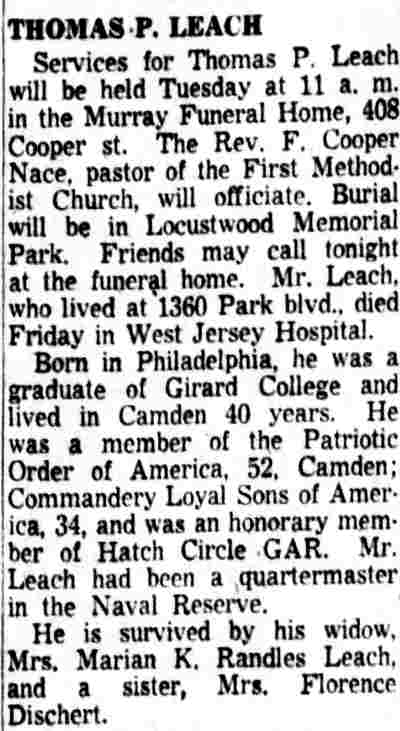 Thomas P. Leach obituary, 1360 Park Boulevard, 1954