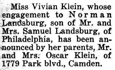 Vivian Klein engagement announcement text, 1950