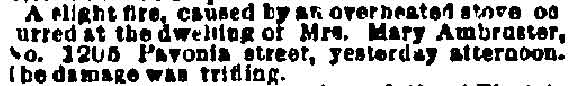 A Slight Fire at 1205 Pavonia Street, Philadelphia Inquirer, March 20, 1886