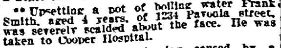 Frank Smith scalded at 1234 Pavonia Street, Philadelphia Inquirer, November 20, 1911