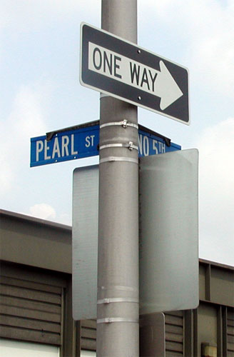 Corner of 5th and Pearl Streets, north side of the Ben Franklin Bridge, July 2004