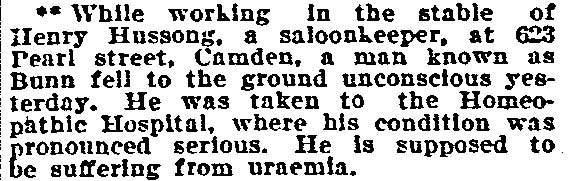 701 Pearl Street, Bunn Falls Unconscious in Stable at 623 Pearl Street, Philadelphia Inquirer, August 27, 1906