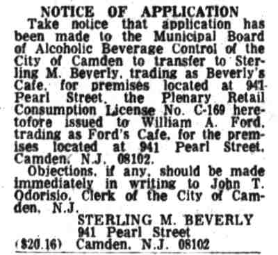 941 Pearl Street, Beverly's Cafe, Camden Courier-Post, September 10, 1971