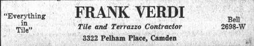 Frank Verdi, Tile and Terrazzo Contractor, 3322 Pelham Place, Camden