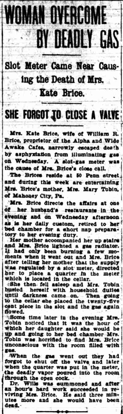 Woman Overcome by Deadly Gas - November 28, 1902