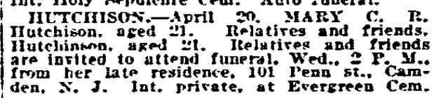 Death Notice of Mary C. R. Hutchison - April 23, 1919