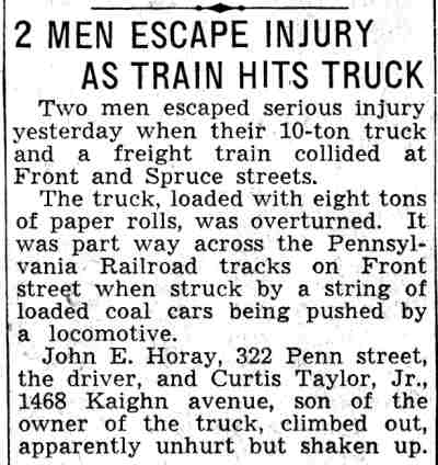2 Men Escape Injury as Train Hits Truck - February 23, 1938