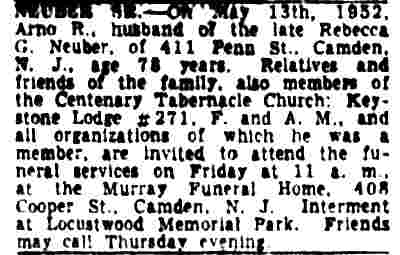 Death Notice of Arno R. Neuber, Sr. - May 14, 1952