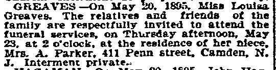 Death Notice of Louisa Greaves - May 23, 1895