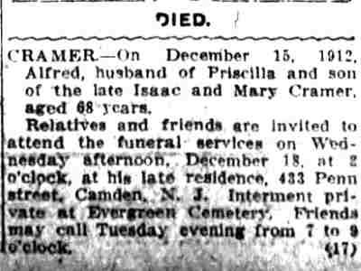Death Notice of Alfred Cramer - December 16, 1912