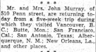 Mr. and Mrs. John Murray return from a trip - July 31, 1941