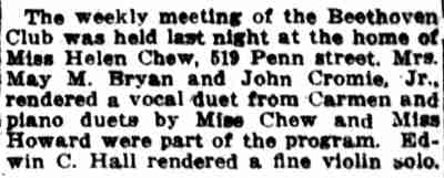 Beethoven Club meets at Miss Helen Chew's - June 13, 1913