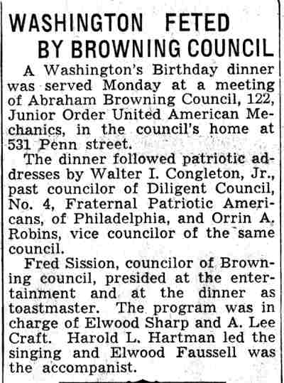 Washington Feted by Browning Council - February 23, 1938