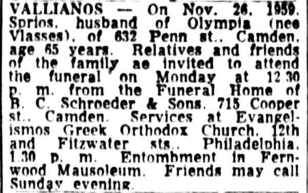 Death Notice of Spiros Vallianos - November 28, 1959