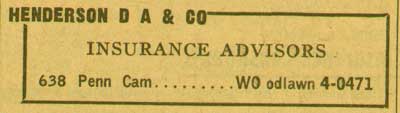 638 Penn Street, D.A. Henderson, New Jersey Bell Telephone Directory Yellow Pages, 1955