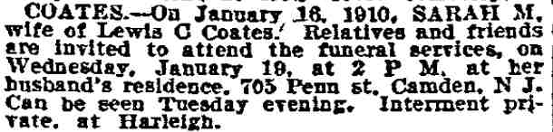 Death Notice of Sarah M. Coates - January 17, 1910