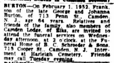 Death Notice of Frank Burton - February 2, 1952