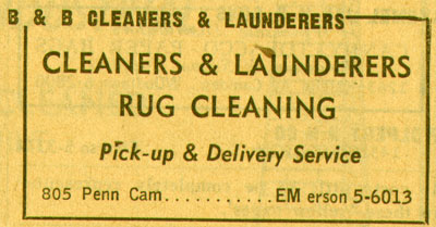 805 Penn Street, B&B Cleaners, New Jersey Bell Telephone Directory Yellow Pages, 1955