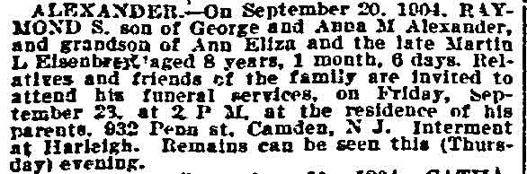 Death Notice of Raymond S. Alexander - September 22, 1904