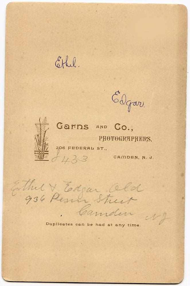 Back of a cabinet card: Ethel and Edgar Old, 936 Penn Street - c. 1890–1897