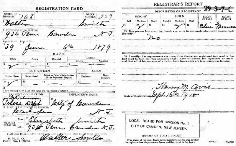 Draft registration card of Walter Smith, 936 Penn Street - September 16, 1918