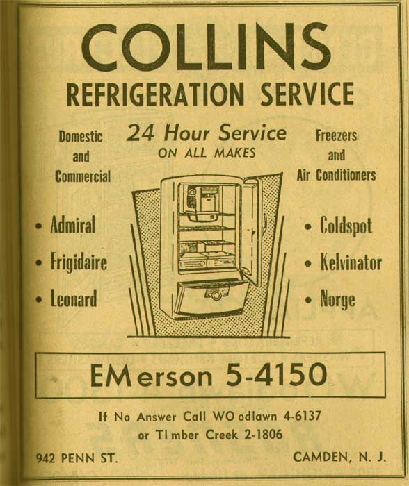 942 Penn Street, Collins Refrigeration, New Jersey Bell Telephone Directory Yellow Pages, 1955