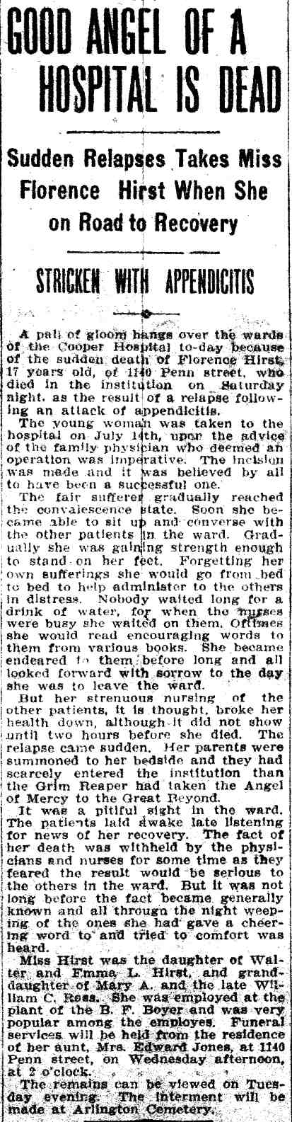 Good Angel of a Hospital Is Dead - August 22, 1910