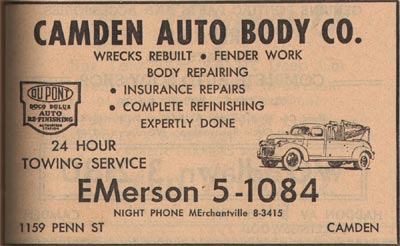 1159 Penn Street, Camden Auto Body Company, New Jersey Bell Telephone Directory Yellow Pages, 1955