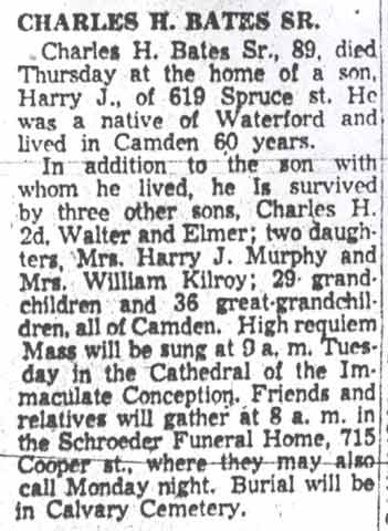 Camden Courier-Post obituary for Charles H. Bates Sr., December 6 1957