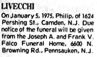 Obituary notice for Philip Livecchi of 1624 Pershing Street, January 1975