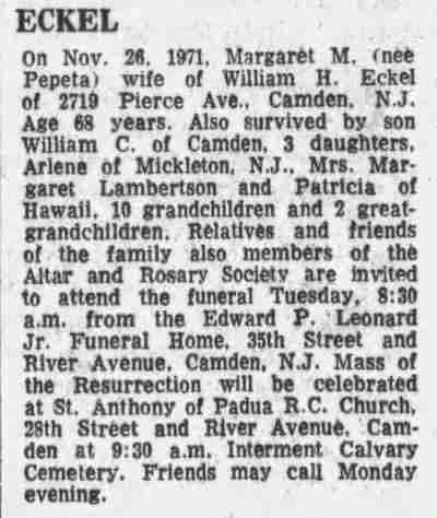 Obituary for Margaret M. Eckel, wife of William H. Eckel of 2719 Pierce Avenue, Camden Courier-Post, November 29, 1971