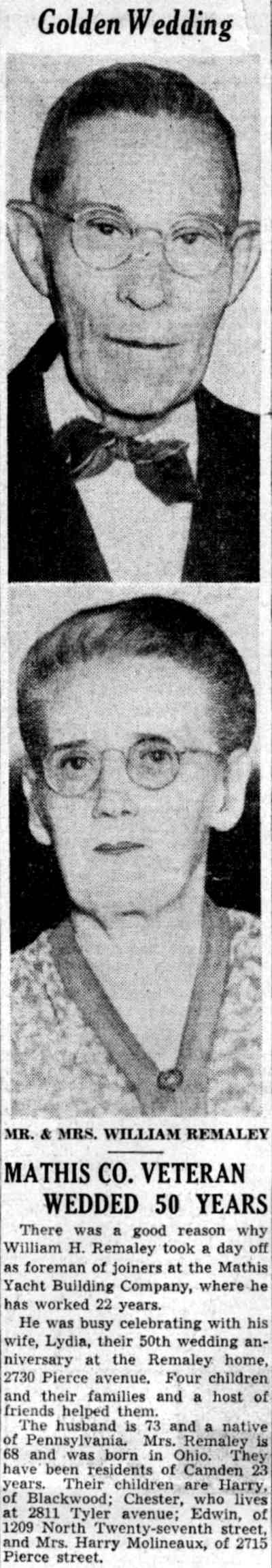 Mr. & Mrs. William Remaley — Golden Wedding, Camden Courier-Post, July 29, 1941