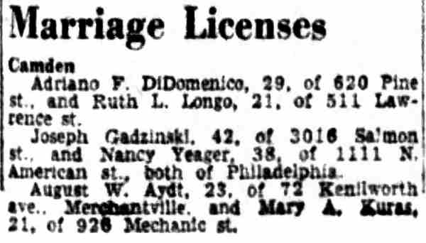 Camden Courier-Post marriage licenses listing including Ruth L. Longo of 511 Lawrence Street, October 3, 1953