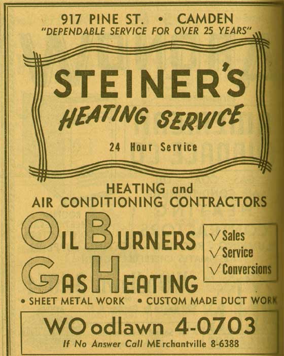 917 Pine Street — Steiner's Heating Service, 1955 New Jersey Bell Telephone Yellow Pages ad