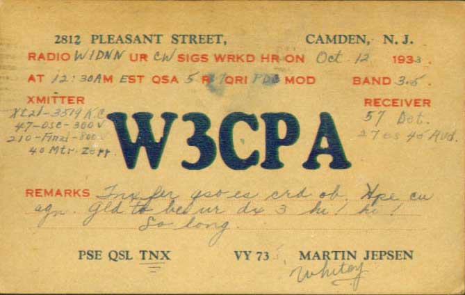 QSL card from Martin Jensen W3CPA, 2812 Pleasant Street, October 12, 1933