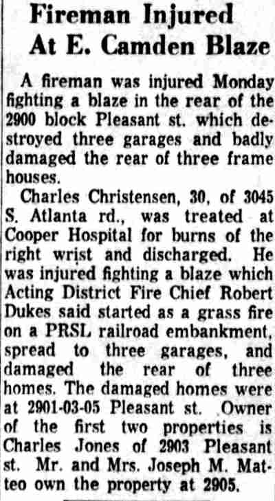 Fireman Injured At E. Camden Blaze — Camden Courier-Post, April 24, 1962