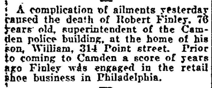 Robert Finley obituary, Philadelphia Inquirer, June 11, 1922