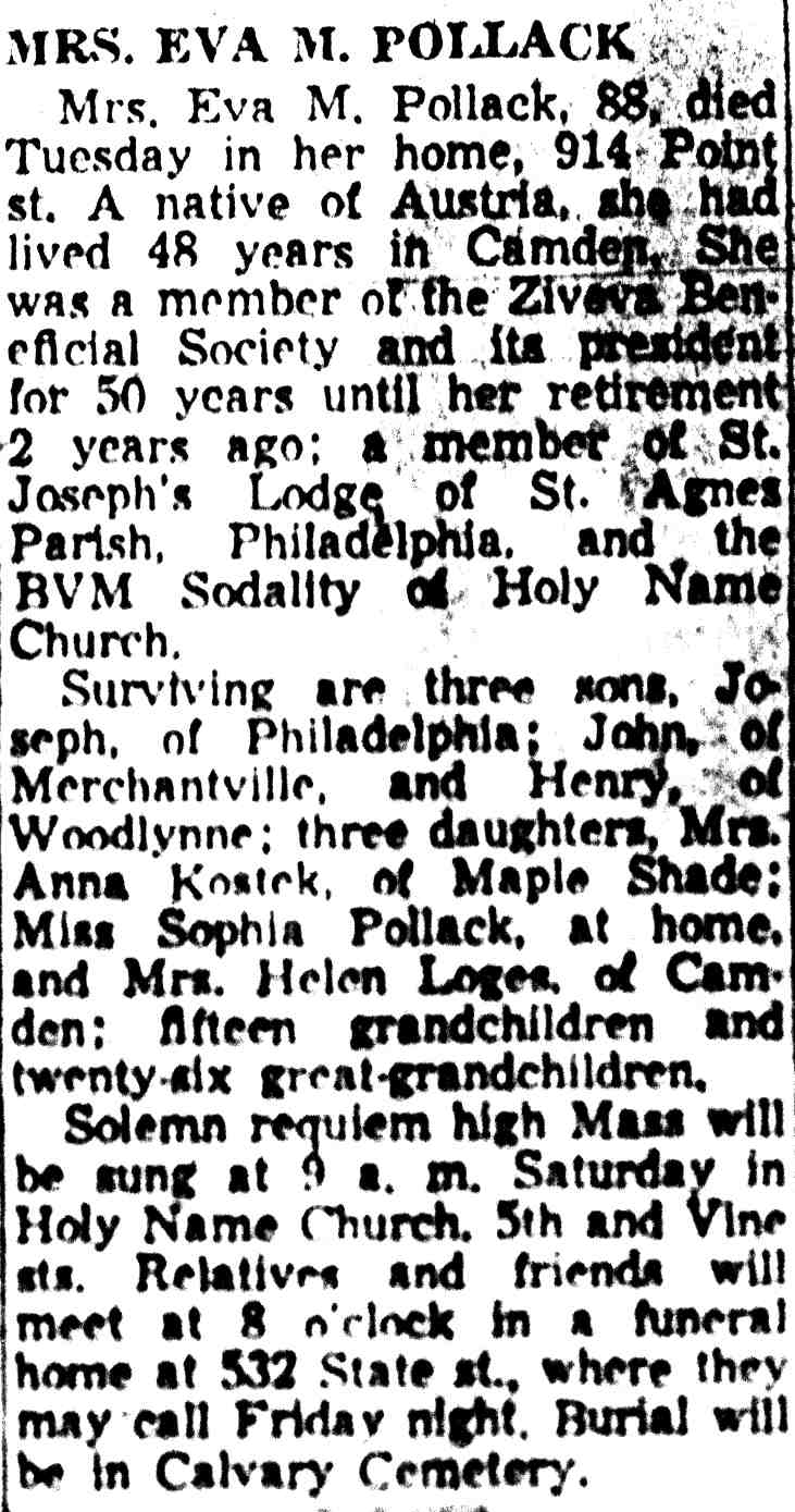 Mrs. Eva M. Pollack obituary, Camden Courier-Post, December 12, 1957