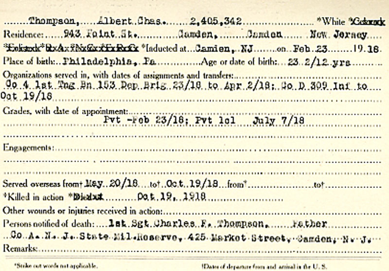 Private First Class Albert Charles Thompson, 943 Point Street, World War I