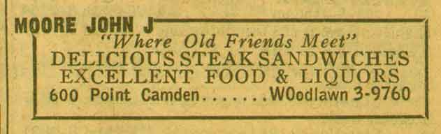 Johnny Moore's Tavern, 600 Point Street, New Jersey Bell Telephone Directory, 1955