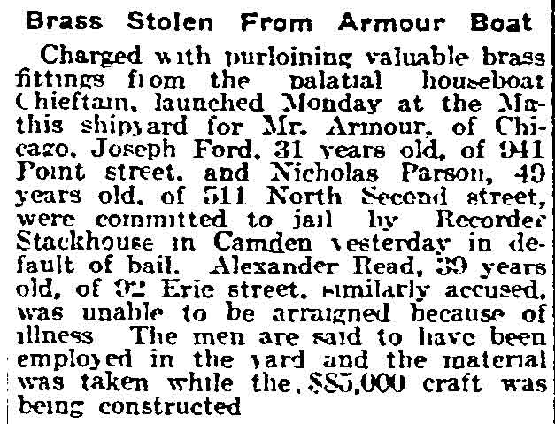 Brass Stolen From Armour Boat - Philadelphia Inquirer, January 24, 1917