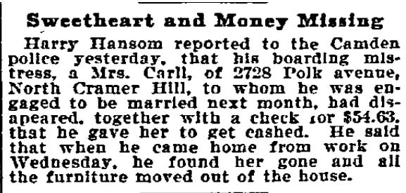 Sweetheart and Money Missing — Philadelphia Inquirer, November 18, 1898