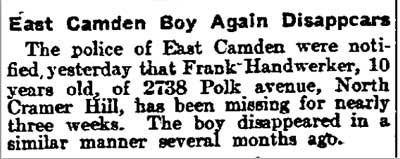 East Camden Boy Again Disappears — Philadelphia Inquirer, August 22, 1905