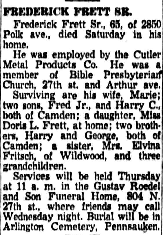 Frederick Frett Sr. obituary — Camden Courier-Post, June 25, 1956