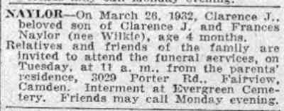 Camden Courier-Post, March 28, 1932 — Clarence J. Naylor Jr. death notice