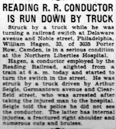 Camden Evening Courier, September 20, 1928 — Reading R. R. Conductor Is Run Down by Truck